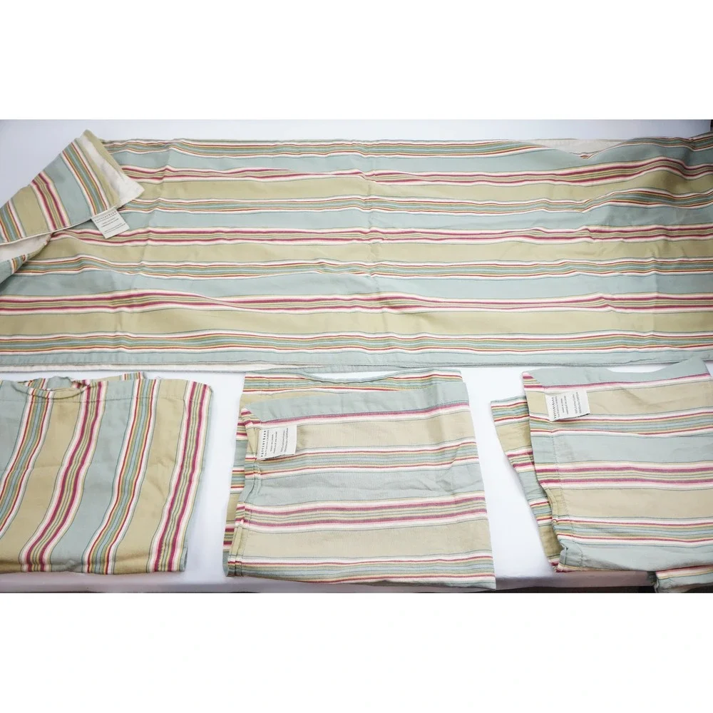 Pottery Barn Table Runner Napkins Set Green Striped Cotton Excellent
